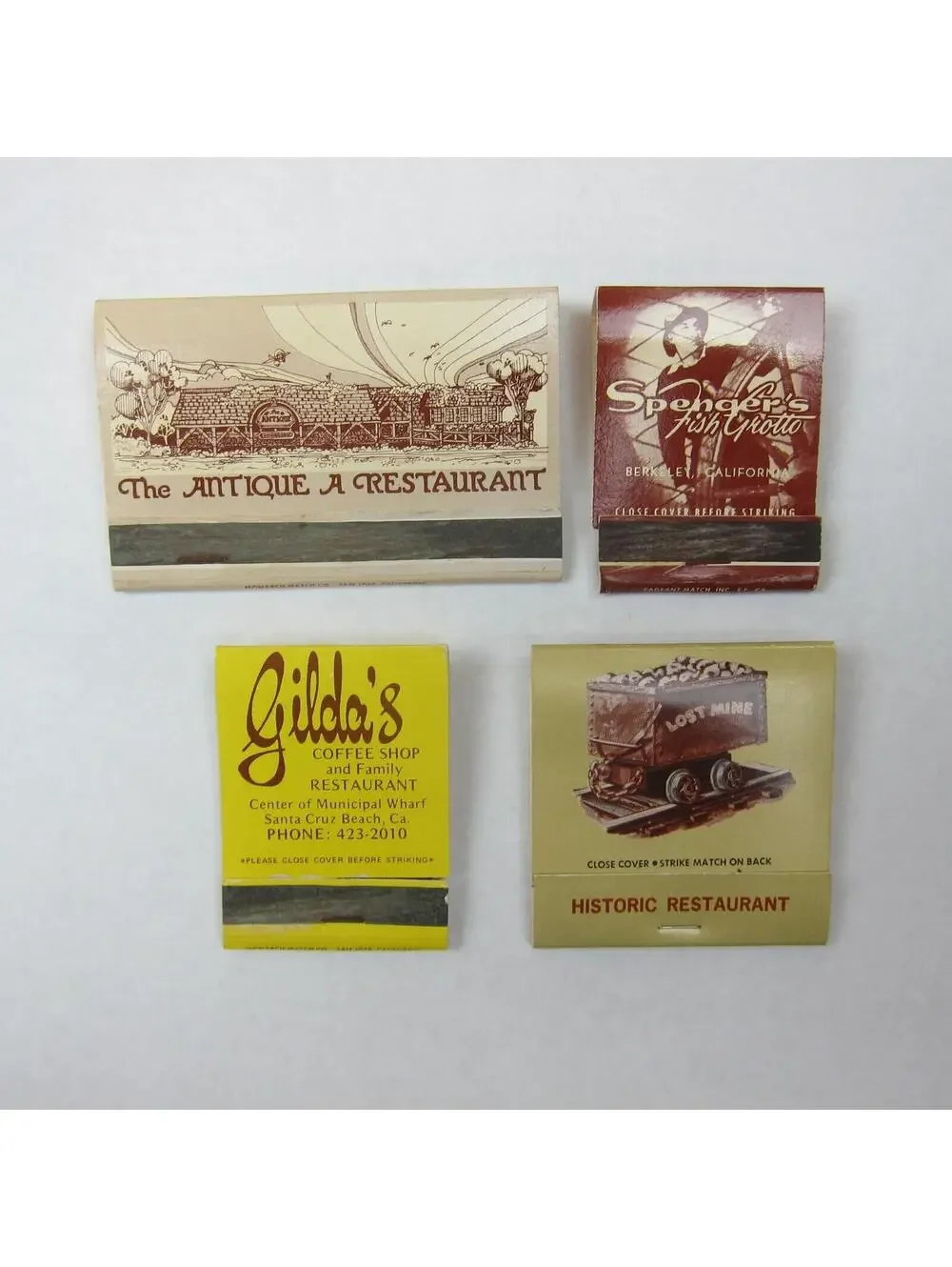 4 Matchbook Covers Antique A Restaurant Spengers Fish Grotto Gildas Lost Mine CA